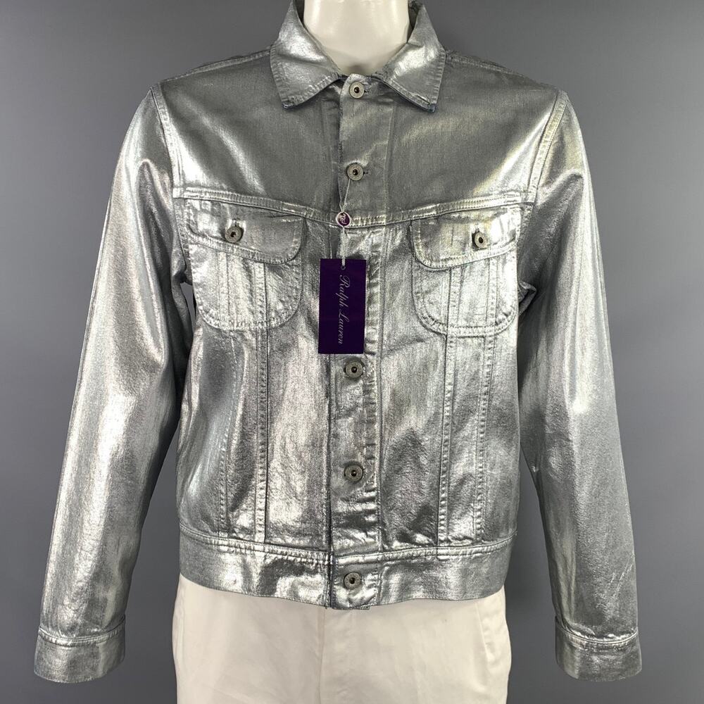 RALPH LAUREN Size L Silver Metallic Cotton Trucker Jacket